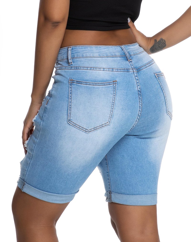 roswear Women's Ripped Denim Destroyed Stretchy Bermuda Shorts Jeans Washed Blue X-Large - Image 4